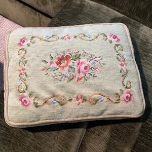 Vintage floral needlepoint and velvet pillow light green